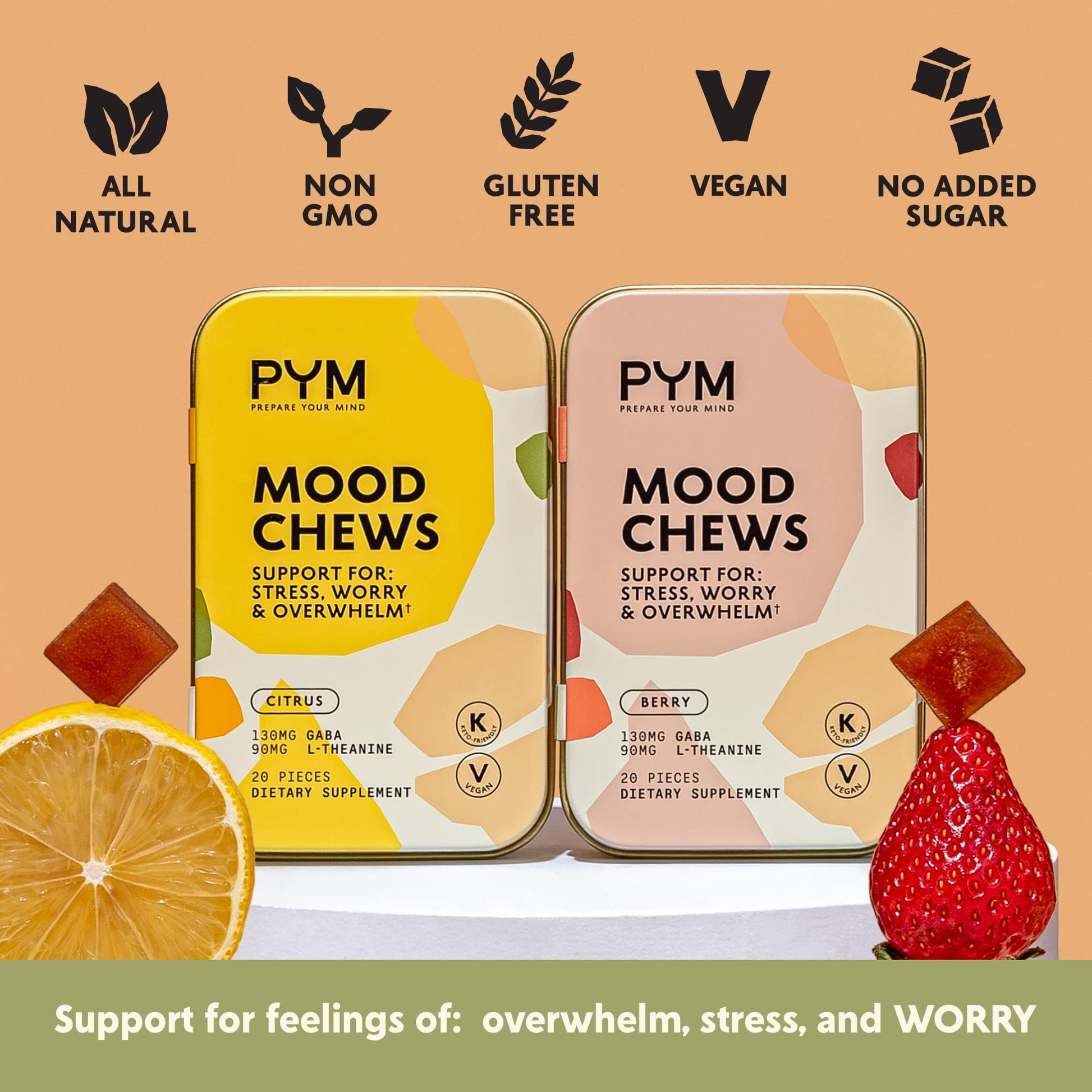PYM Citrus Mood Chews Support for Stress, Worry & Overwhelm, 120 Count | 130mg GABA, 90mg L-Theanine | Vegan, Non-GMO, Gluten-Free, No Added Sugar | All-Natural Mood Balance Supplement Made in USA PYM HealthBuy Supplements Australia