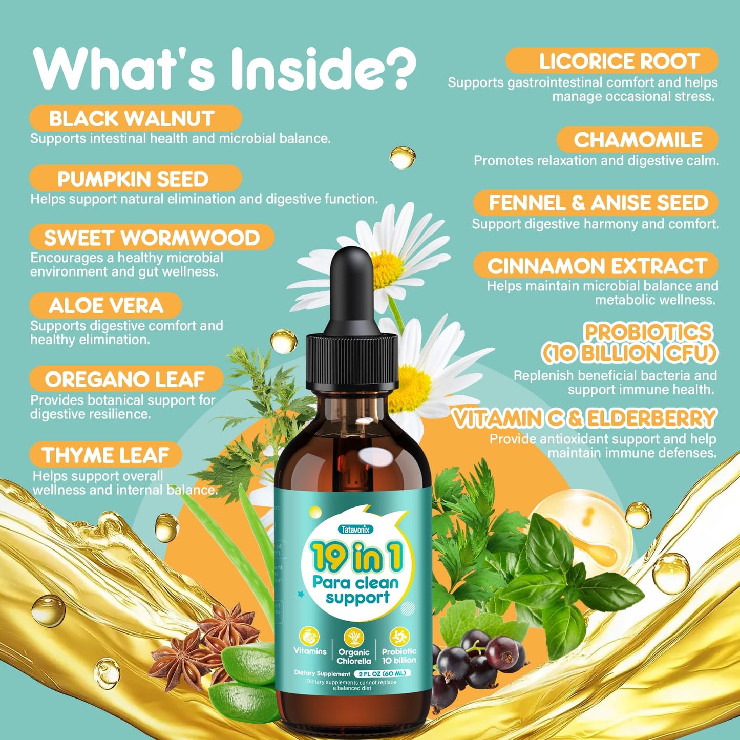 Tatavonix 19 in 1 Herbal Gut Cleanse Drops – Wormwood, Black Walnut, Chlorella 250mg, 10B Probiotics, Clove & Oregano – Liquid Detox Support for Adults & Kids, Alcohol-Free, 4oz TatavonixBuy Supplements Australia