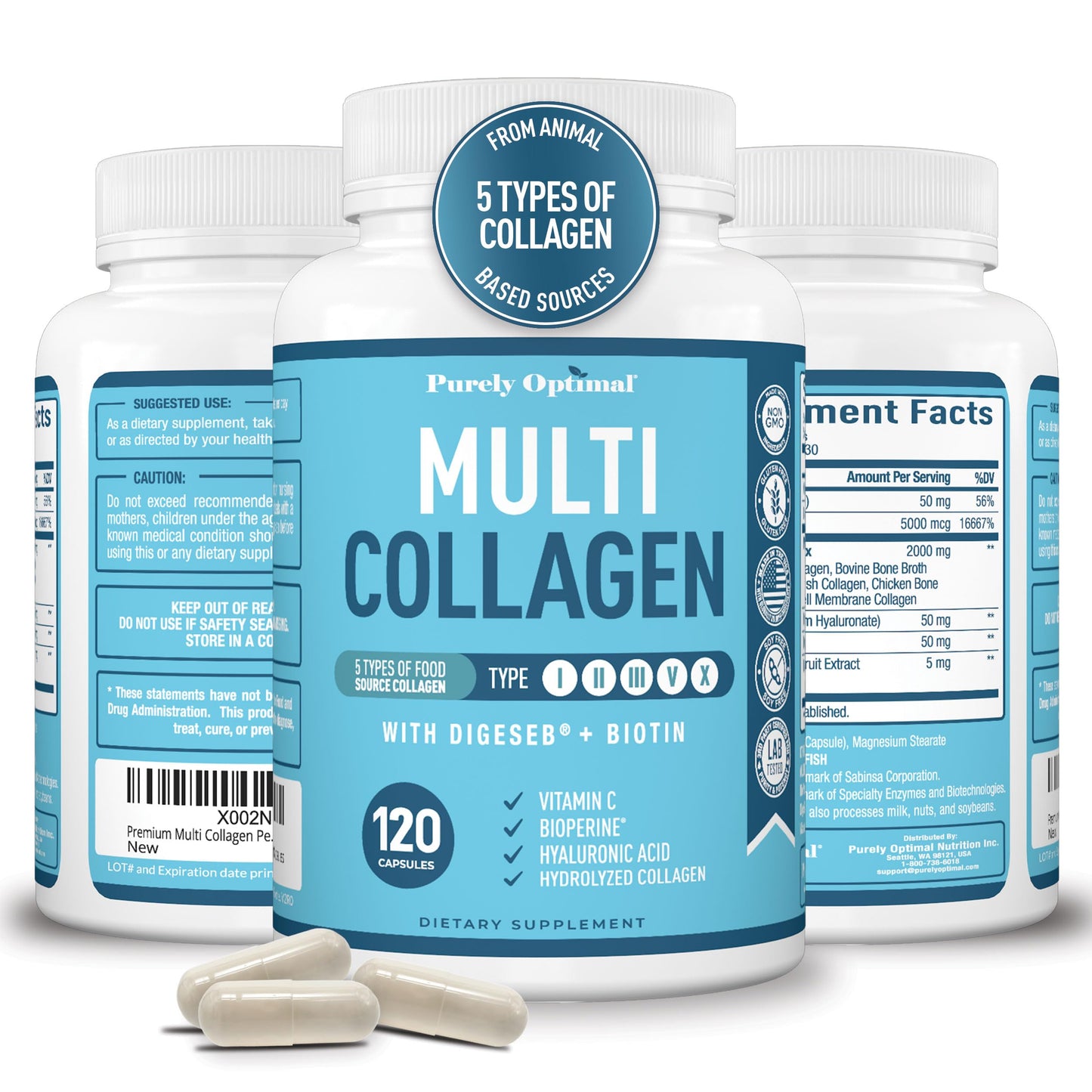 Premium Multi Collagen Peptides (Types I, II, II, V, X) - Collagen Pills for Skin Care, Hair Growth, Nails & Joints - Vitamin C, Hyaluronic Acid