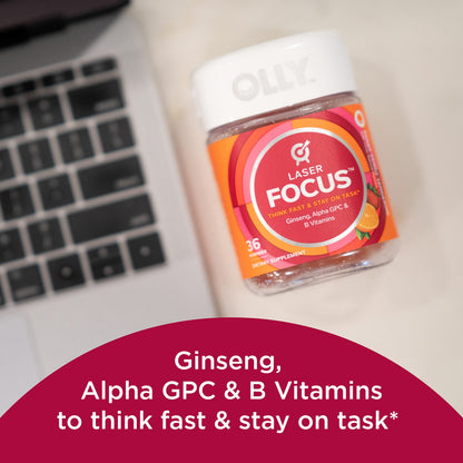 OLLY Laser Focus Gummy, Ginseng, Alpha GPC, B Vitamins, Berry Tangerine Flavor OLLYBuy Supplements Australia