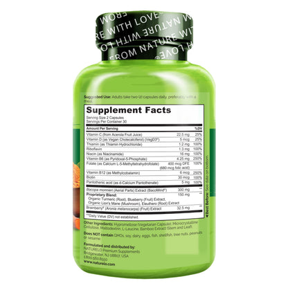 NATURELO Whole Food Brain Supplement - Brain Health Supplements for Memory & Focus Support - Enhance Brain Health Blend Supplement for Adults