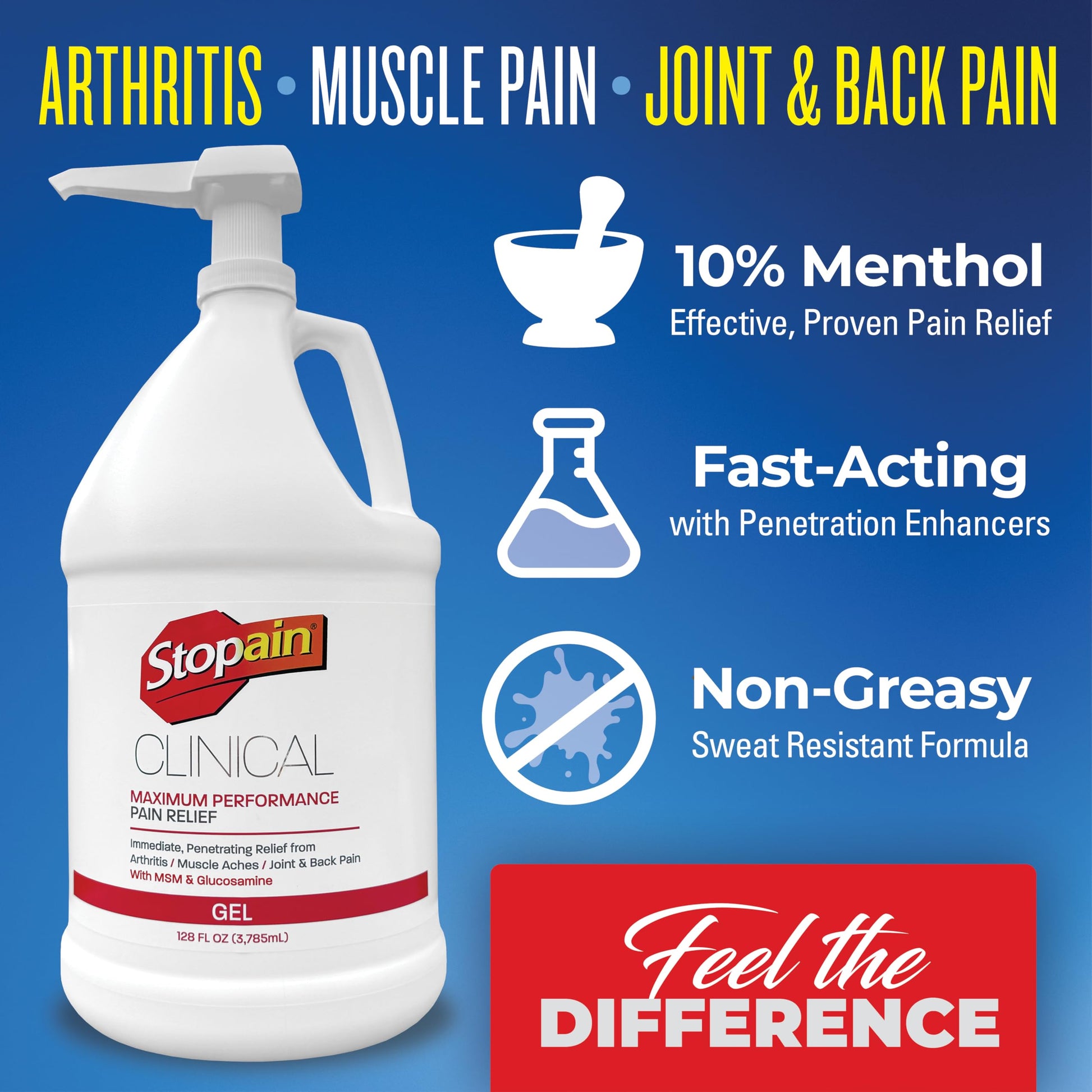 Stopain Clinical Pain Relief Gel 1 Gallon - Professional Formula for Arthritis, Knee, Back & Muscle Pain - Maximum Strength Gel for Joint & Nerve Pains with 10% Menthol Plus Glucosamine - Made in USA StopainBuy Supplements Australia