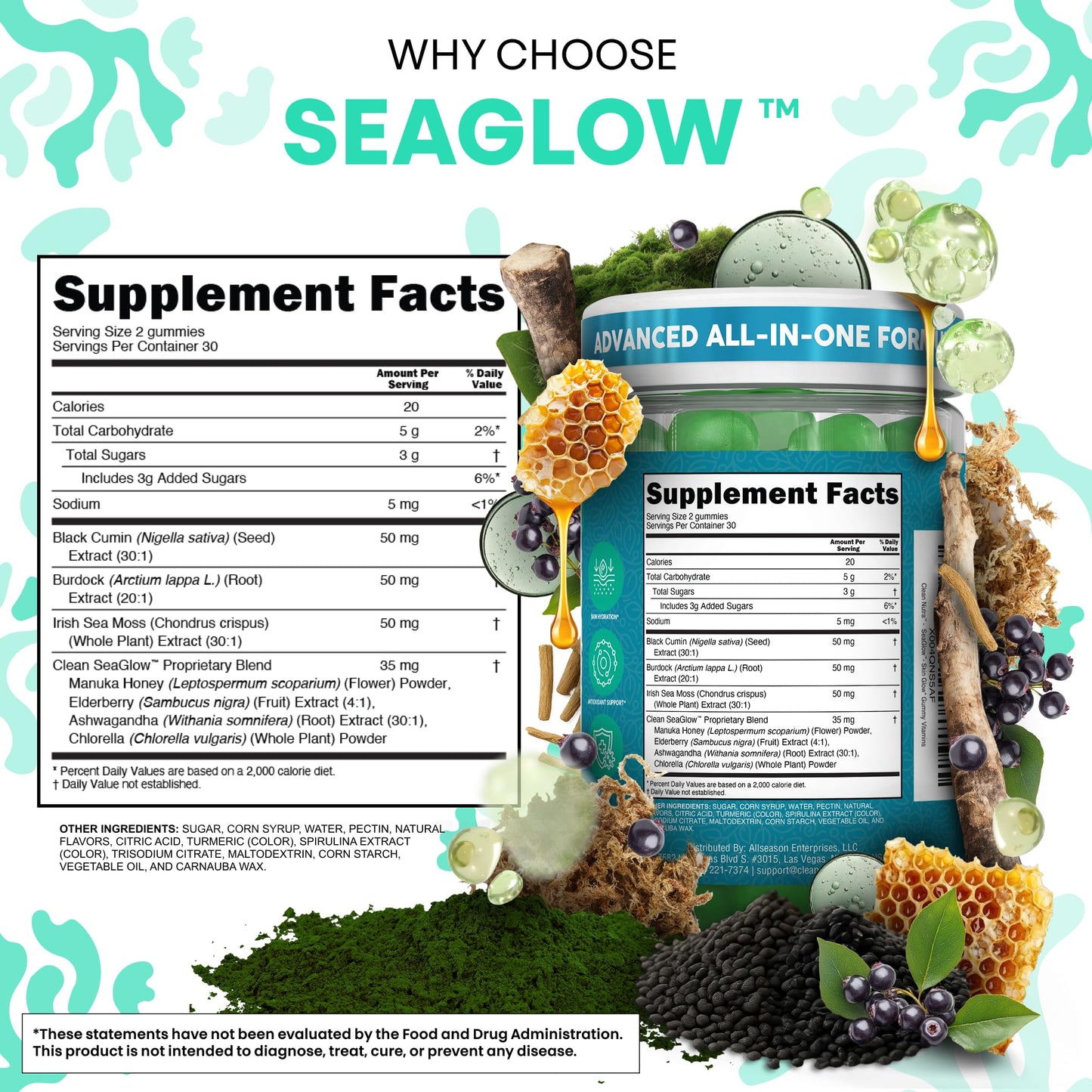 Clean Nutra Sea Moss Gummies Black Seed Oil Chlorella Ashwagandha Root Hair Growth Skin Glow Irish Sea Moss Elderberry Burdock Manuka Honey Trace Minerals Detox 60 Gummy Vitamins Sea Glow Supplement Clean NutraceuticalsBuy Supplements Australia