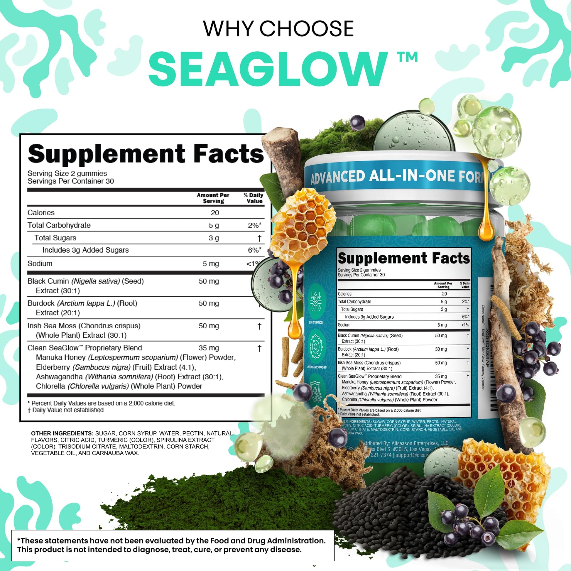 Clean Nutra Sea Moss Gummies Black Seed Oil Chlorella Ashwagandha Root Hair Growth Skin Glow Irish Sea Moss Elderberry Burdock Manuka Honey Trace Minerals Detox 60 Gummy Vitamins Sea Glow Supplement Clean NutraceuticalsBuy Supplements Australia