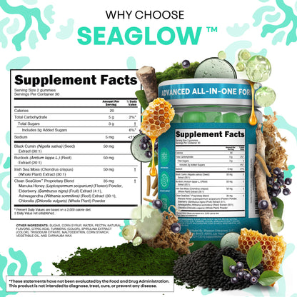 Clean Nutra Sea Moss Gummies Black Seed Oil Chlorella Ashwagandha Root Hair Growth Skin Glow Irish Sea Moss Elderberry Burdock Manuka Honey Trace Minerals Detox 60 Gummy Vitamins Sea Glow Supplement Clean NutraceuticalsBuy Supplements Australia