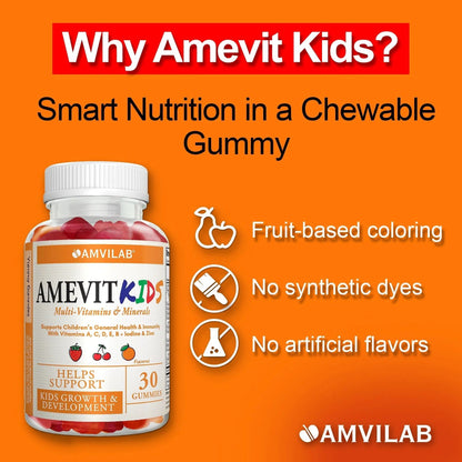 AMVILAB Amevit Kids Gummy Multivitamin – Complete Daily Vitamins for Children – with Essential Nutrients for Growth & Immunity AMVILABBuy Supplements Australia
