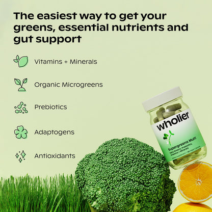 wholier Supergreens Multi, Daily Greens, Vegan Multivitamin for Women + Men, Whole Food Vitamins + Minerals, Prebiotics for Gut Health, Adaptogens (60 Vegan Capsules) Glass Bottle wholierBuy Supplements Australia