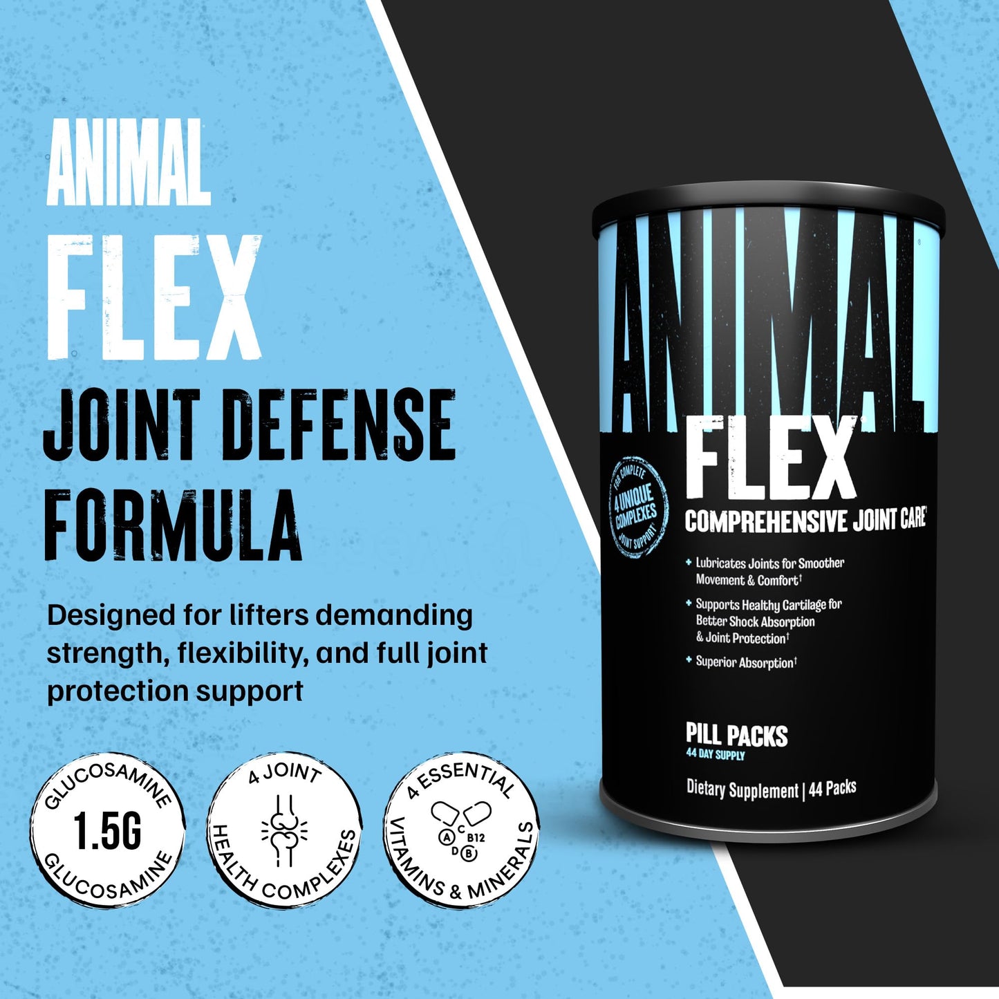 Animal Flex - Glucosamine Chondroitin Joint Supplement for Women and Men Discomfort with Turmeric, MSM, Boswellia for Cartilage, Joint Health, Muscles, Back, Knees, Shoulder, and Hip, 44 Packs AnimalBuy Supplements Australia