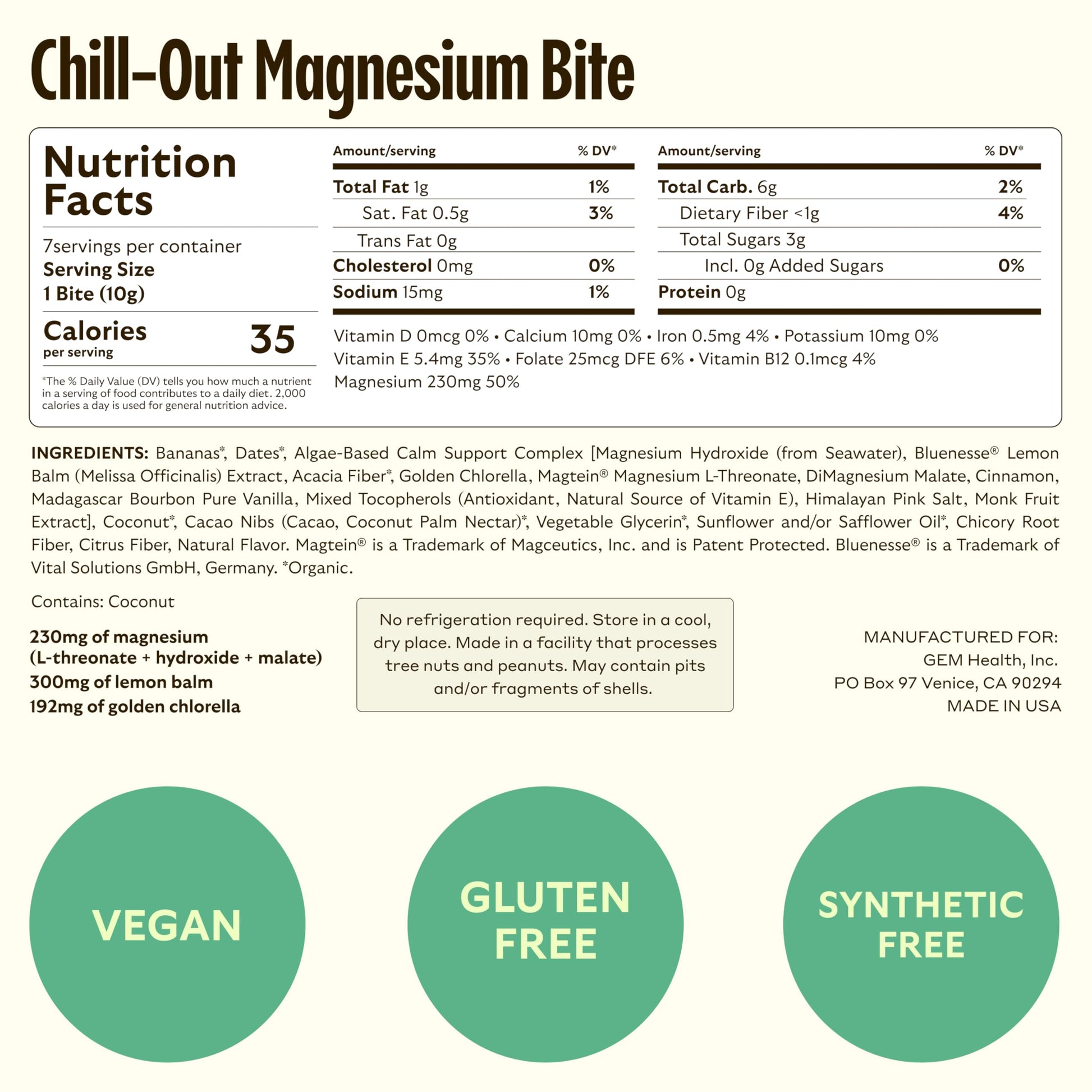 GEM Calm Bite | Supports Calm Mind & Clarity | Magnesium L-Threonate, Golden Chlorella, Lemon Balm | Holistic Non-Habit Forming | Gluten Free, Soy Free, Banana Cinnamon (7 Count) GEMBuy Supplements Australia
