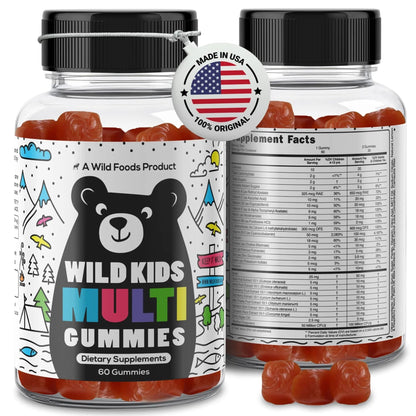 Wild Foods Kids Multivitamin Gummies – Natural Skin, Immune & Bones Support with Kids Vitamins A, C, D, E, B12, Iron & DHA Wild Foods