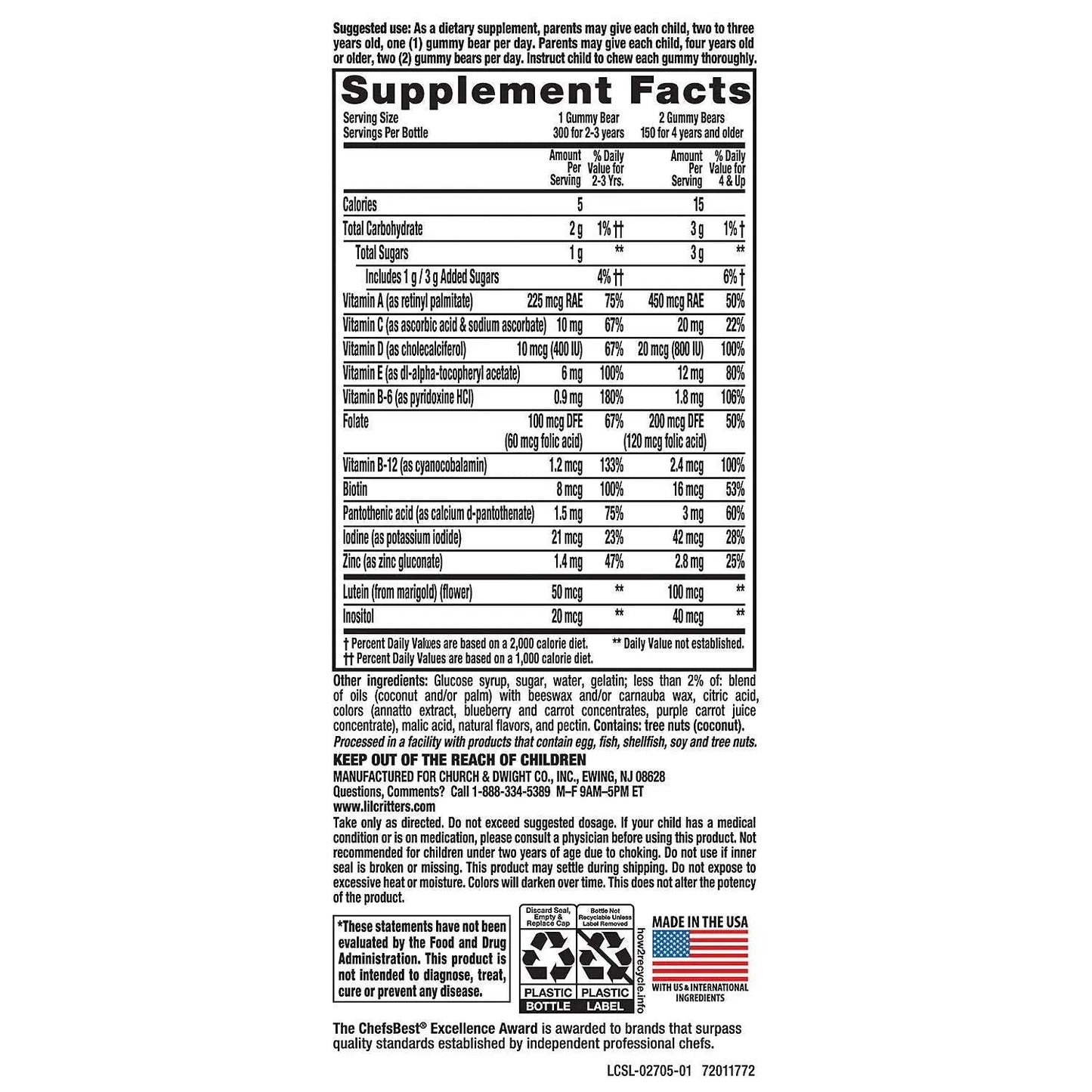 Gummy Vites Children's Chewable Gummy Bear Multivitamin Dietary Supplement, 300 Count L'il Critters Gummy Vites
