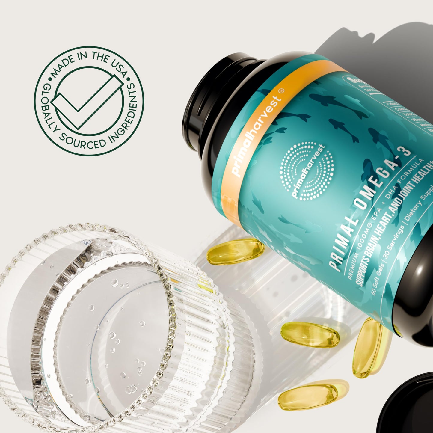 Primal Harvest Omega 3 Fish Oil Supplements, 30 Servings Soft Gels Capsules w/ 1000mg EPA + DHA Supplements