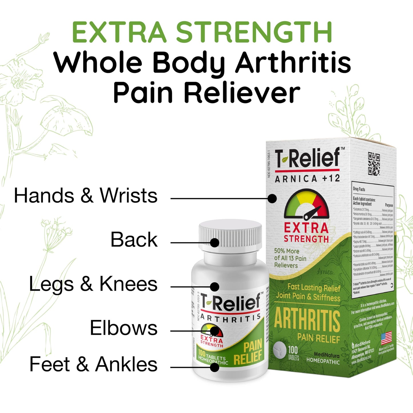 T-Relief Extra Strength Arthritis Pain Reliever Arnica +12 Natural Medicines for Joint Soreness Stiffness Aches, Quick Dissolving Pain Relief for Women & Men - 100 Tablets MediNaturaBuy Supplements Australia