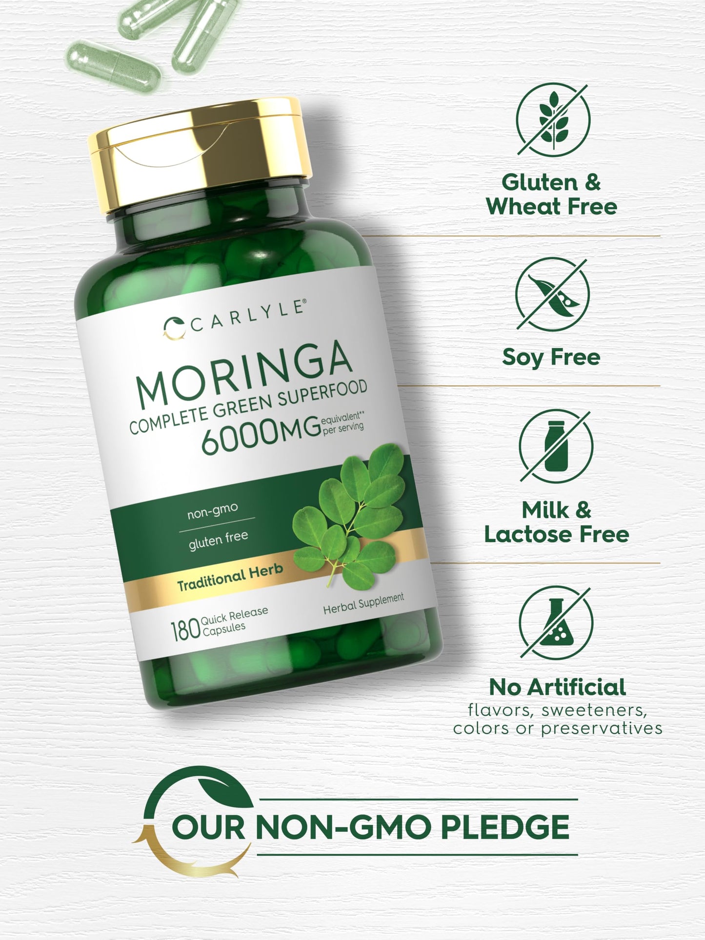 Carlyle Moringa Oleifera Supplement | 180 Capsules | Complete Green Superfood for Women and Men | Non-GMO and Gluten Free
