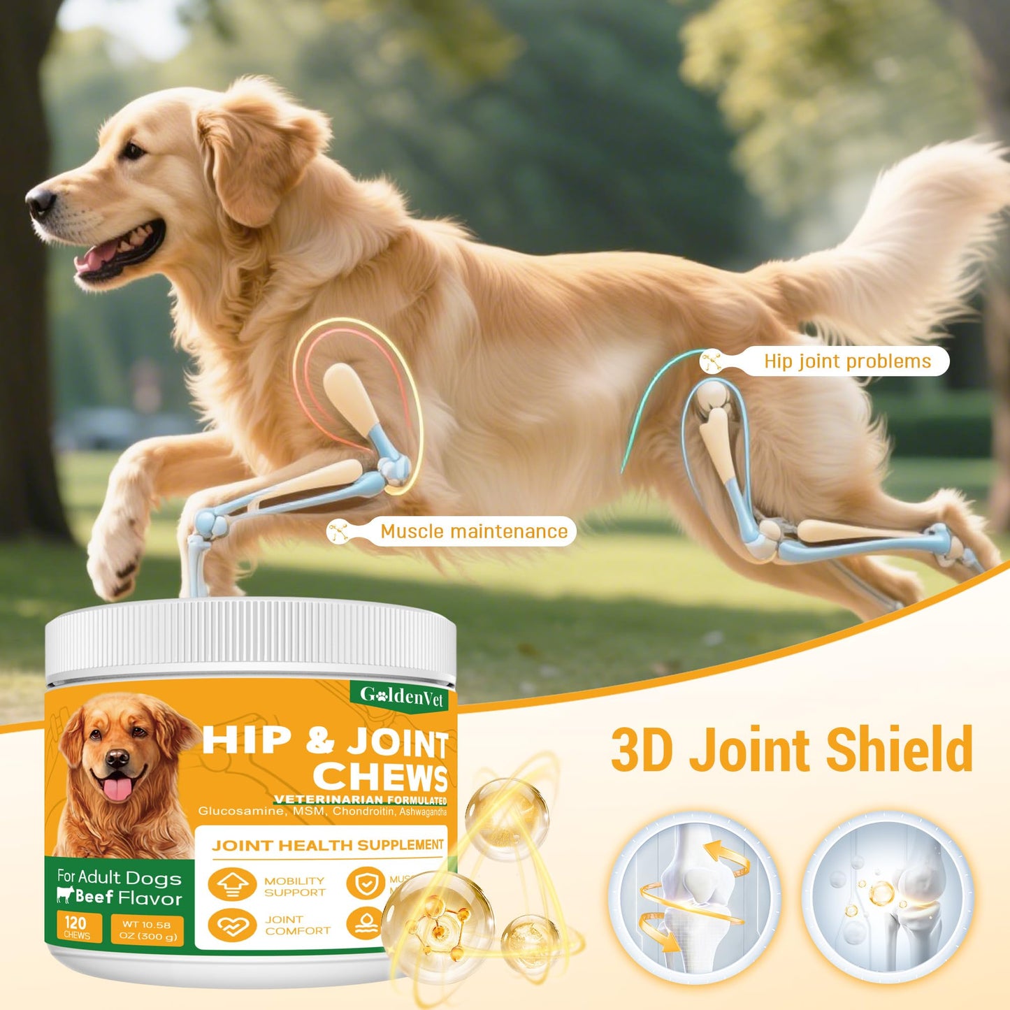 Hip and Joint Chews for Senior Dogs with Glucosamine HCL, Chondroitin, Green-lipped Mussel, Ashwagandha for Anti Inflammatory, Mobility Support, Muscle Maintenance, Joint Comfort 120 Ct GOLDENVETBuy Supplements Australia