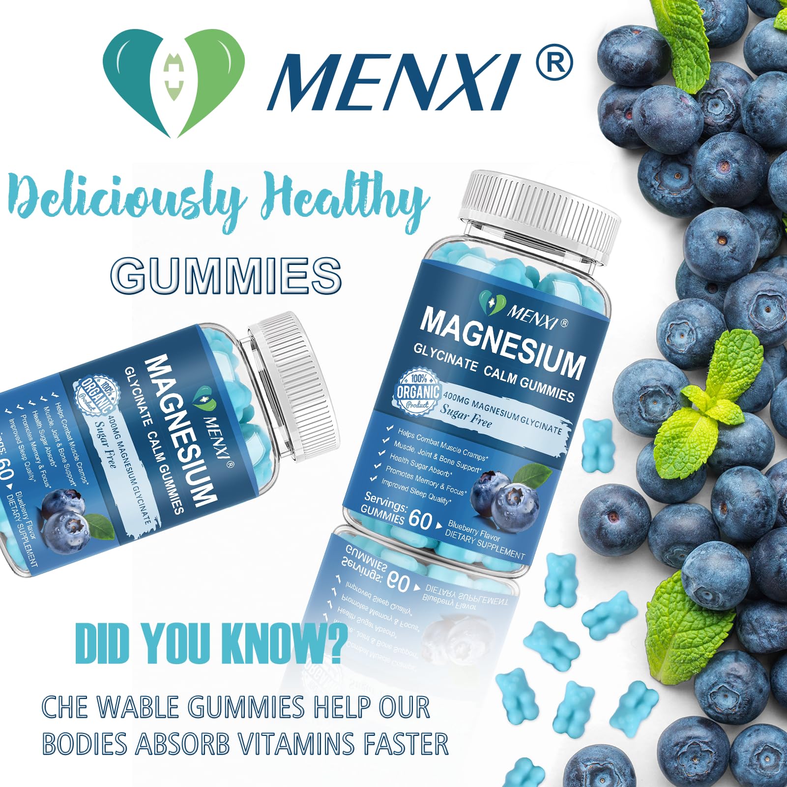 Magnesium Gummies 600mg per Serving-Magnesium Glycinate 400mg and Magnesium Malate 200mg,Sugar Free Magnesium Potassium Supplement for Calm Mood, Muscle, Bone & Sleep Support,60 Blueberry Gummies MENXIBuy Supplements Australia