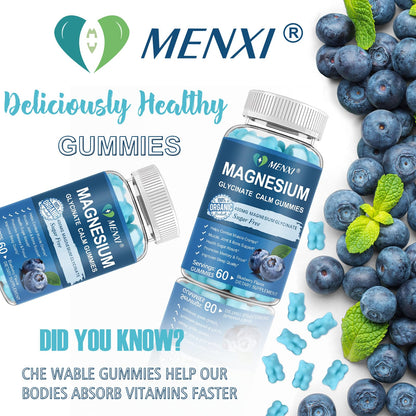 Magnesium Gummies 600mg per Serving-Magnesium Glycinate 400mg and Magnesium Malate 200mg,Sugar Free Magnesium Potassium Supplement for Calm Mood, Muscle, Bone & Sleep Support,60 Blueberry Gummies MENXIBuy Supplements Australia