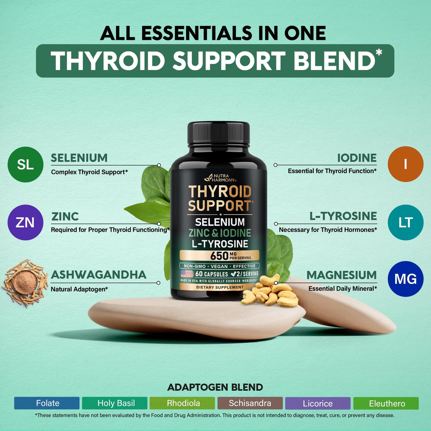 Thyroid Support for Women - Selenium 200 mcg | Astragalus | Zinc & Iodine | L-Tyrosine | Adaptogen Herbs - 21-in-1 Antioxidant & Immune Support - Made in USA - Vegan, Non-GMO, Lab Tested - 60 Capsules NUTRAHARMONYBuy Supplements Australia