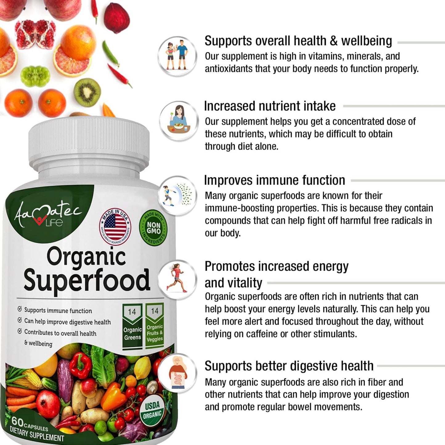 AAMATEC LIFE Organic Superfood Greens Fruits and Veggies Complex - Dietary Supplement with 14 Greens &14 Vegetables with Alfalfa Rich in Antioxidants Organic Ingredients Non-GMO (120 Count Pack of 2) AAMATEC LIFEBuy Supplements Australia