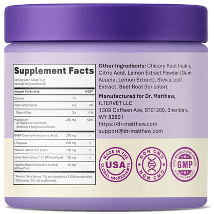 Magnesium Glycinate Powder for Sleep - Magnesium Sleep Aid Without Melatonin - Natural Sleep Drink Mix with GABA, L-Theanine, Apigenin, Valerian & Lemon Balm Dr. MatthewBuy Supplements Australia