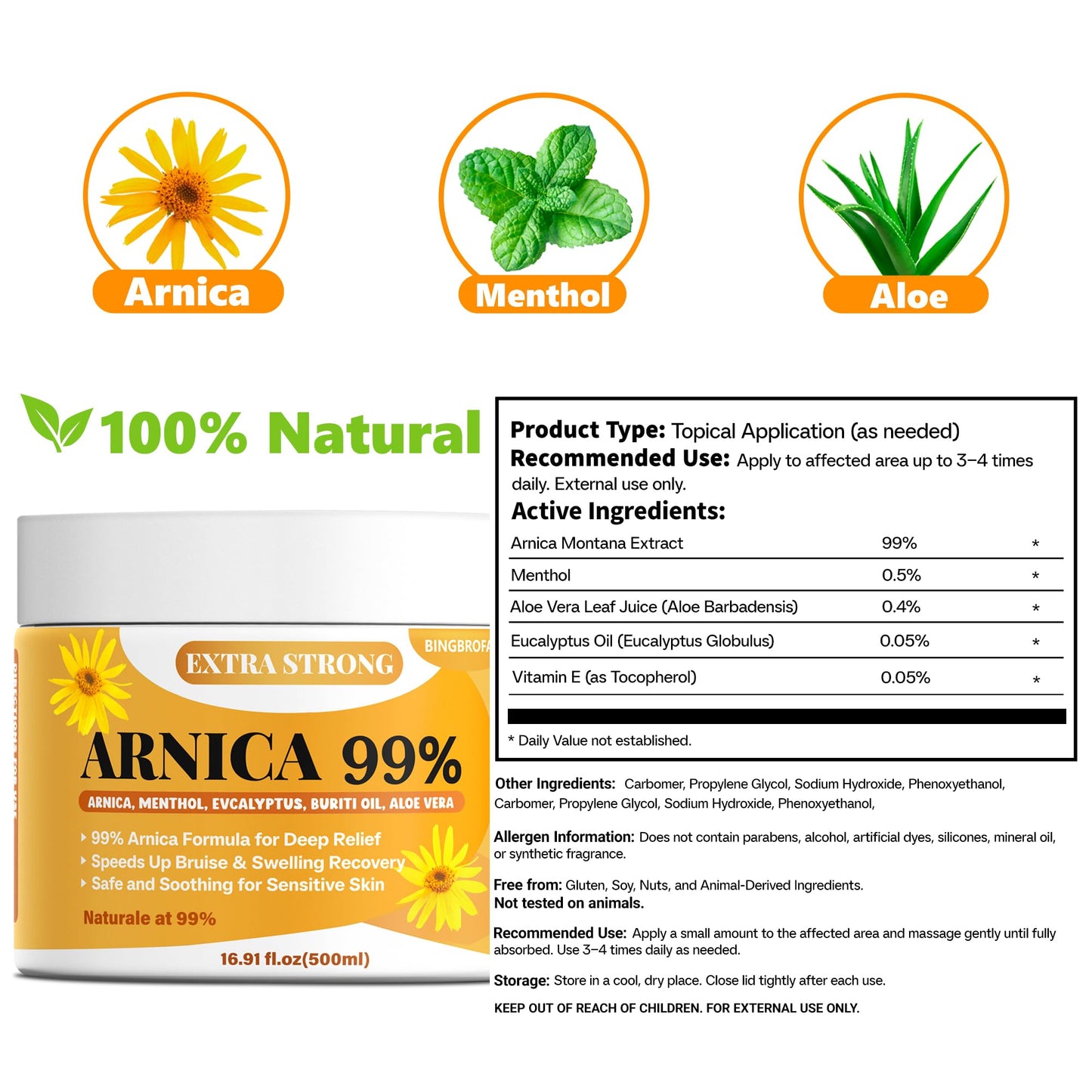 Bingbrofam Arnica Cream 99% Extra Strength Gel Pain Relief for Fast Healing Thin Skin, Seniors Bruises with Menthol, Swelling, Soothing Massage, 16.9 Oz BingbrofamBuy Supplements Australia