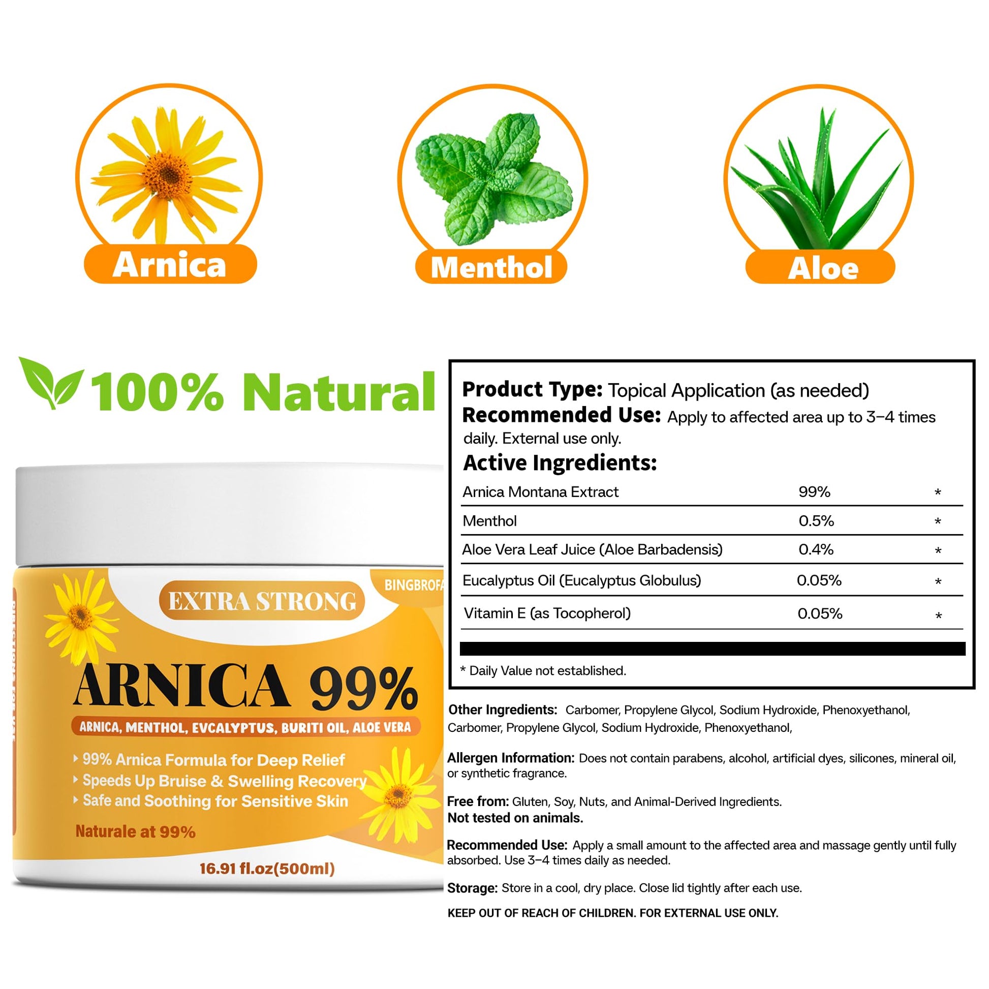 Bingbrofam Arnica Cream 99% Extra Strength Gel Pain Relief for Fast Healing Thin Skin, Seniors Bruises with Menthol, Swelling, Soothing Massage, 16.9 Oz BingbrofamBuy Supplements Australia