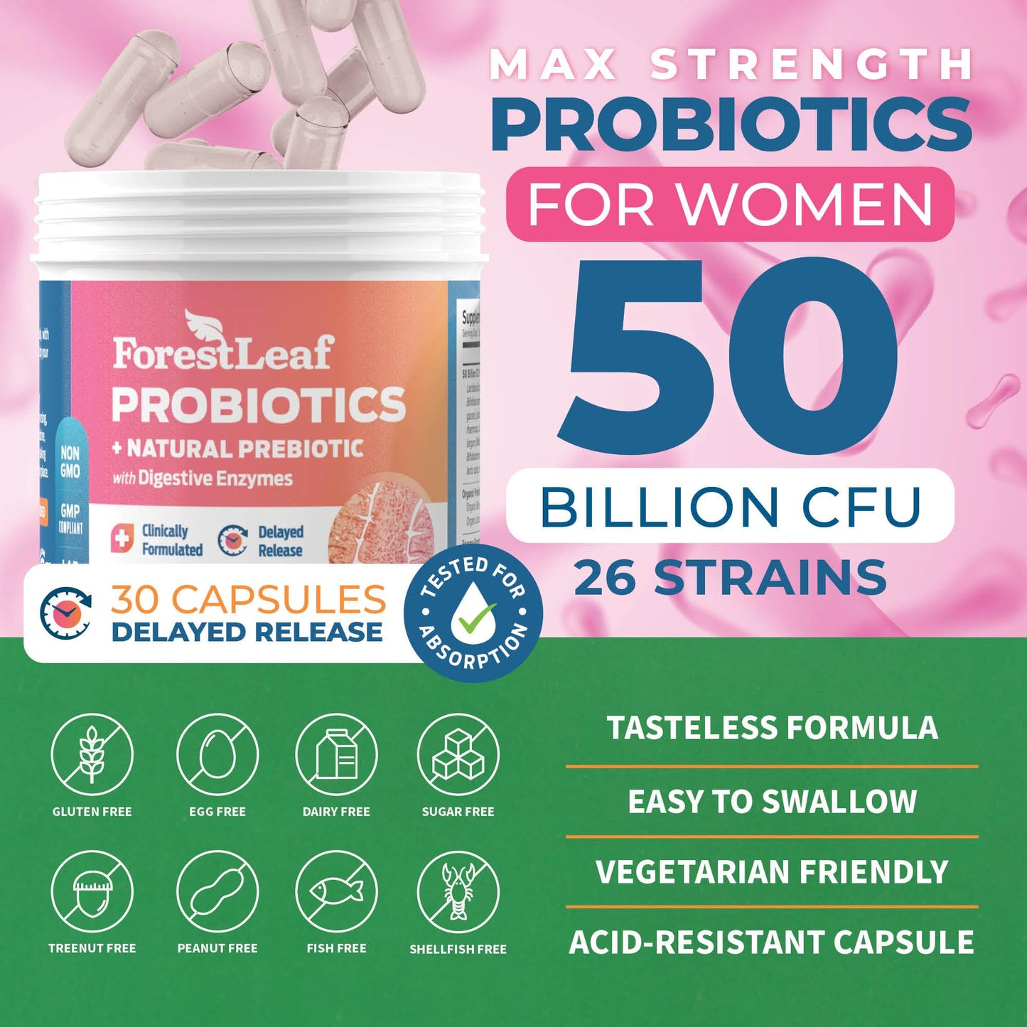 ForestLeaf Womens Probiotic 50 Billion CFU with Organic Prebiotics, Digestive Enzymes ForestLeafBuy Supplements Australia