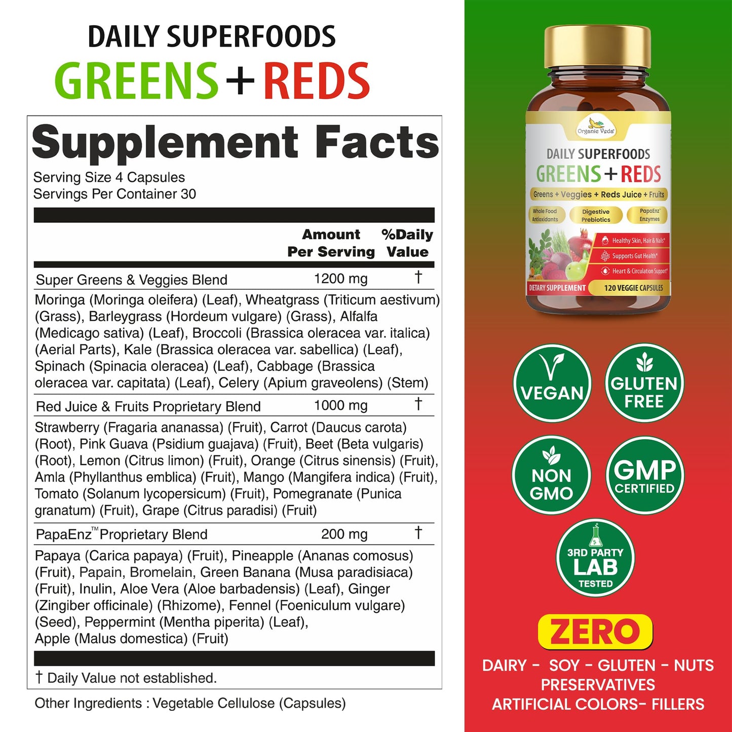 Organic Veda Super Greens & Reds Capsules - Organic Superfoods, Daily Greens, Red Juice, Fruits & Vegetables Supplement - Papaya Enzymes, Digestive Herbs, Bromelain, Antioxidants - 120 Veggie Capsules Organic VedaBuy Supplements Australia