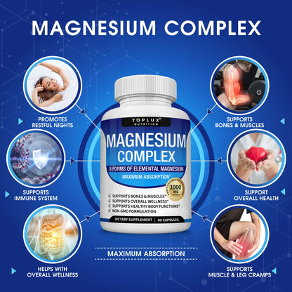 Magnesium Complex Supplement 8 Elemental 1000mg - Magnesium Glycinate, Citrate, Malate, Taurate, Chelated for Easy Absorption for Bones