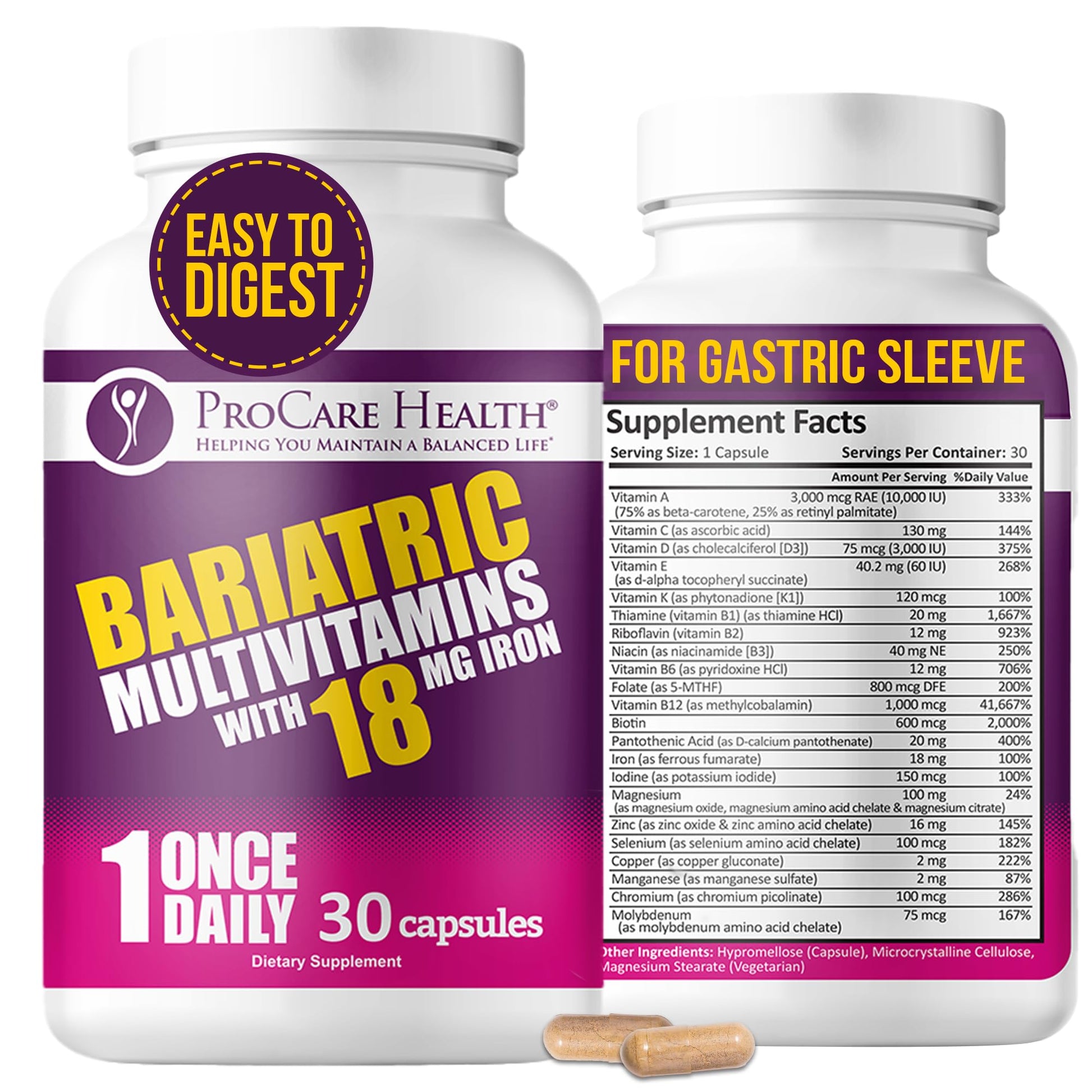 ProCare Health Bariatric Multivitamin with Iron 18mg (30 Easy to Swallow Capsules) - Post Op Bariatric Vitamins ProCare HealthBuy Supplements Australia
