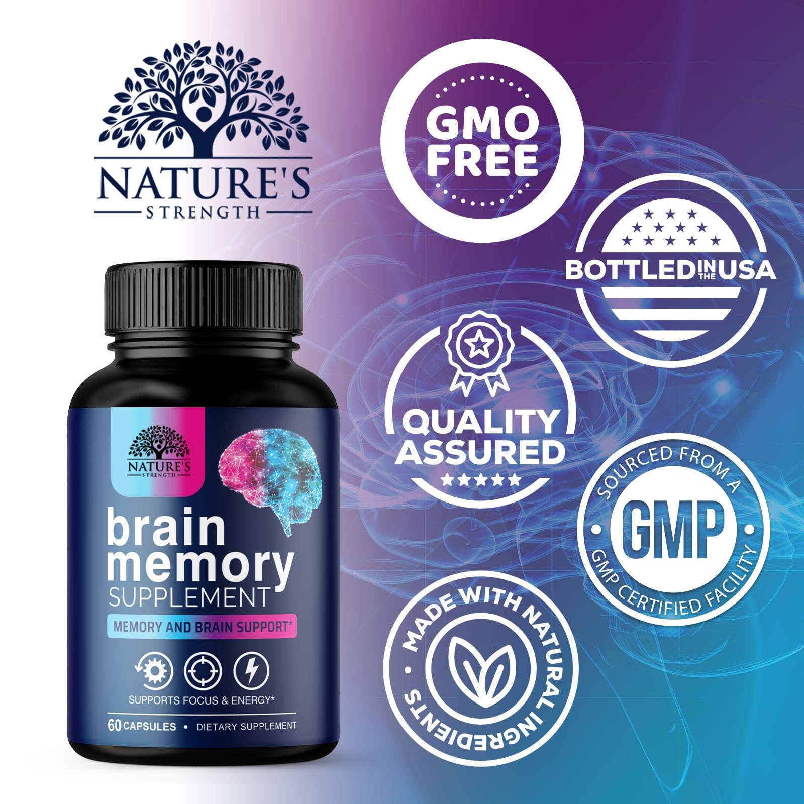 Brain Memory Supplement Pills - 3X Strength Nootropics for Concentration, Clarity & Focus Support - Brain Health Cognitive Vitamins with Bacopa, Phosphatidylserine & DMAE, Brain Booster - 60 Capsules Nature's StrengthBuy Supplements Australia
