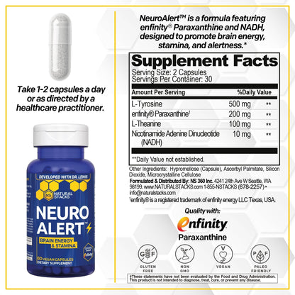 NATURAL STACKS NeuroAlert - 200mg Paraxanthine Energy Supplement - Caffeine Free Focus w/ 500mg L-Tyrosine & 100mg L-Theanine - 10mg NADH for Cellular Energy Support - 60 Paraxanthine Capsules NATURAL STACKSBuy Supplements Australia