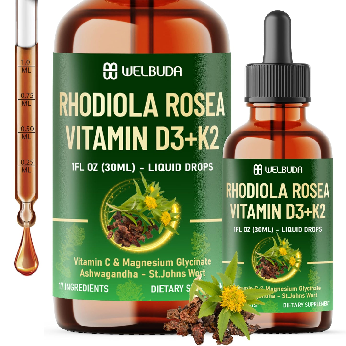 17in1 Rhodiola Rosea Liquid Supplement with Ashwagandha, Magnesium Glycine, L-Theanine, Vitamin C, Vitamin D3, Vitamin K2, Ginkgo, Turmeric, Holy Basil and More - 1 FL Oz - 60 Day Supply WELBUDABuy Supplements Australia
