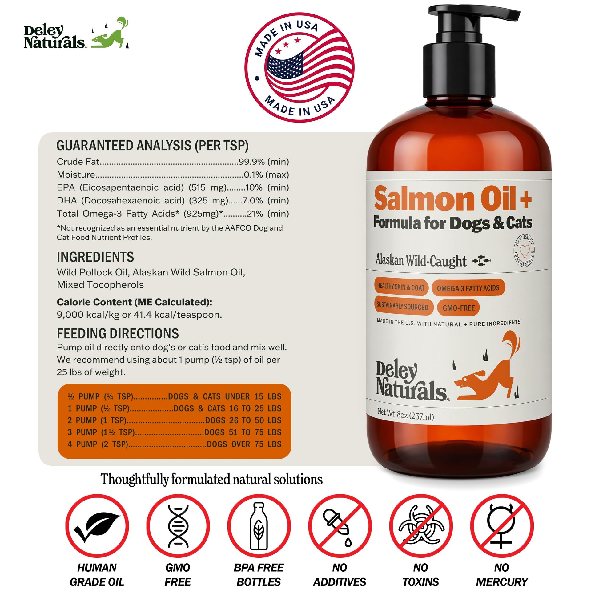 Deley Naturals Wild Alaskan Salmon Oil for Dogs & Cats - New and Improved Salmon Oil Plus Formula - Fish Oil for Dogs with Omega 3, DHA and EPA - Omega 3 for Healthy Skin and Coat - 8oz Made in USA Deley NaturalsBuy Supplements Australia