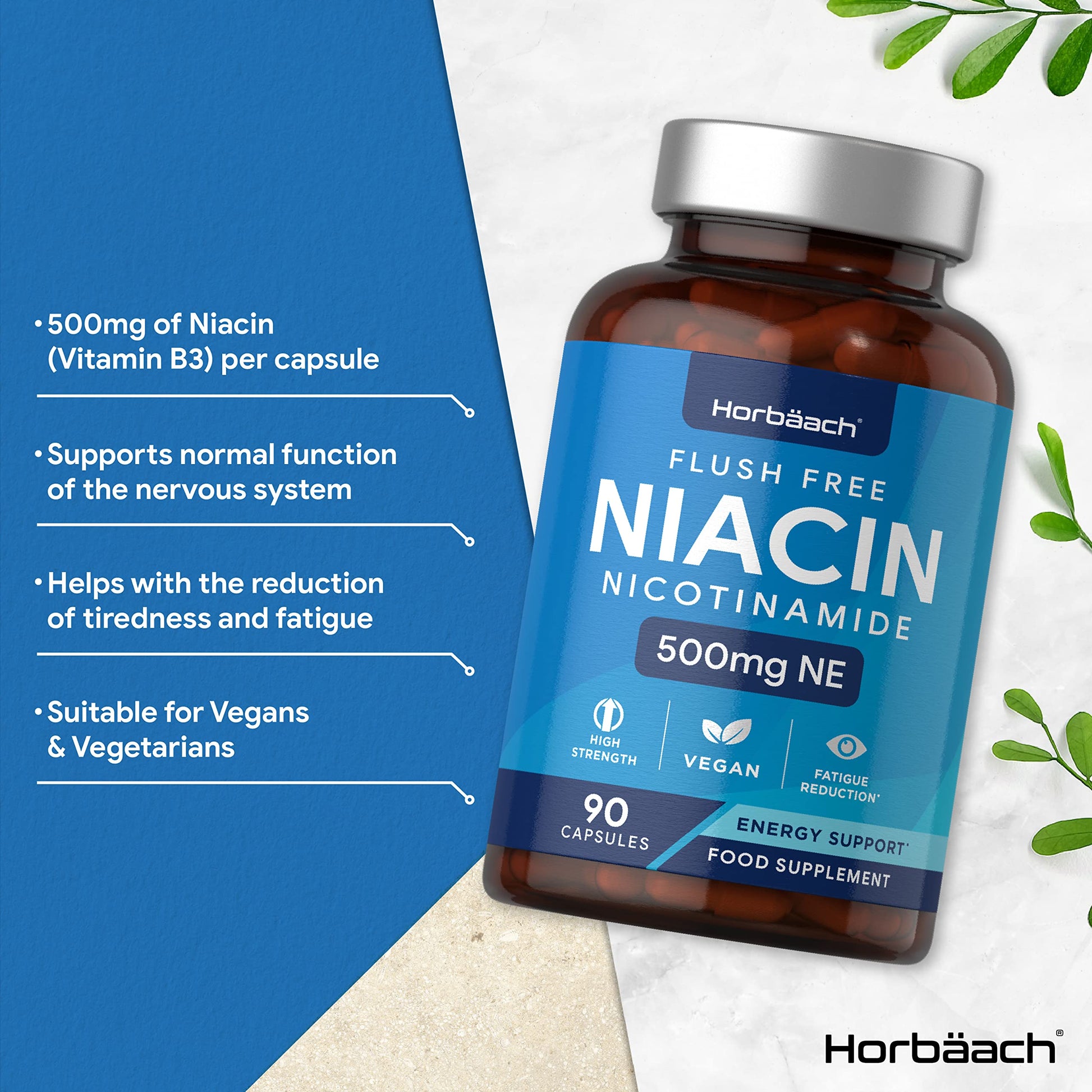 Vitamin B3 Niacin 500mg | 90 Vegan Capsules | Flush Free Nicotinamide Supplement HorbäachBuy Supplements Australia