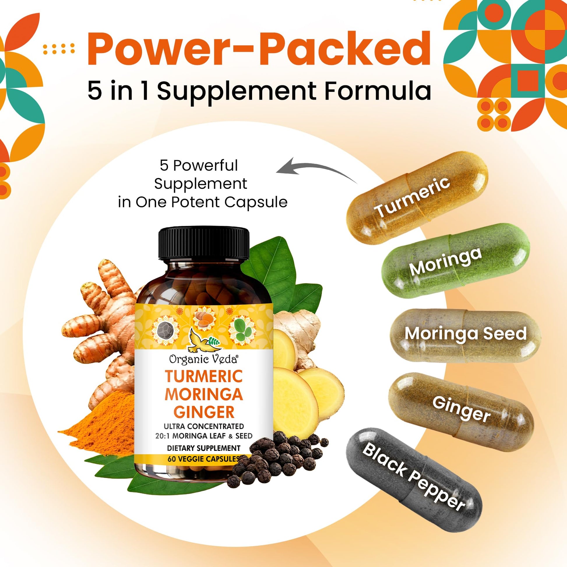 Organic Veda Turmeric Moringa Ginger Capsules - Super Antioxidants & Curcumin Supplement with 20:1 Moringa Leaf & Seed Extract, Black Pepper - Energy, Joints, Heart Health Support - 60 Vegan Pills Organic VedaBuy Supplements Australia