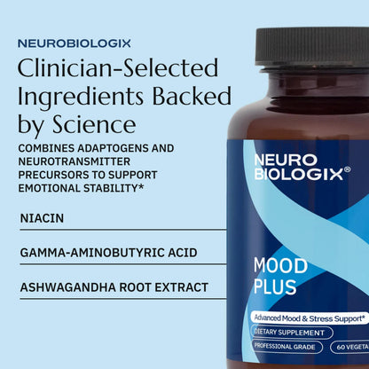 Neurobiologix Mood Plus for Men and Women, Mood & Stress Support Supplement with GABA, 5-HTP, Ashwagandha, Magnesium & Chamomile for Emotional Balance, Relaxation & Serotonin Support, 60 Capsules NeurobiologixBuy Supplements Australia