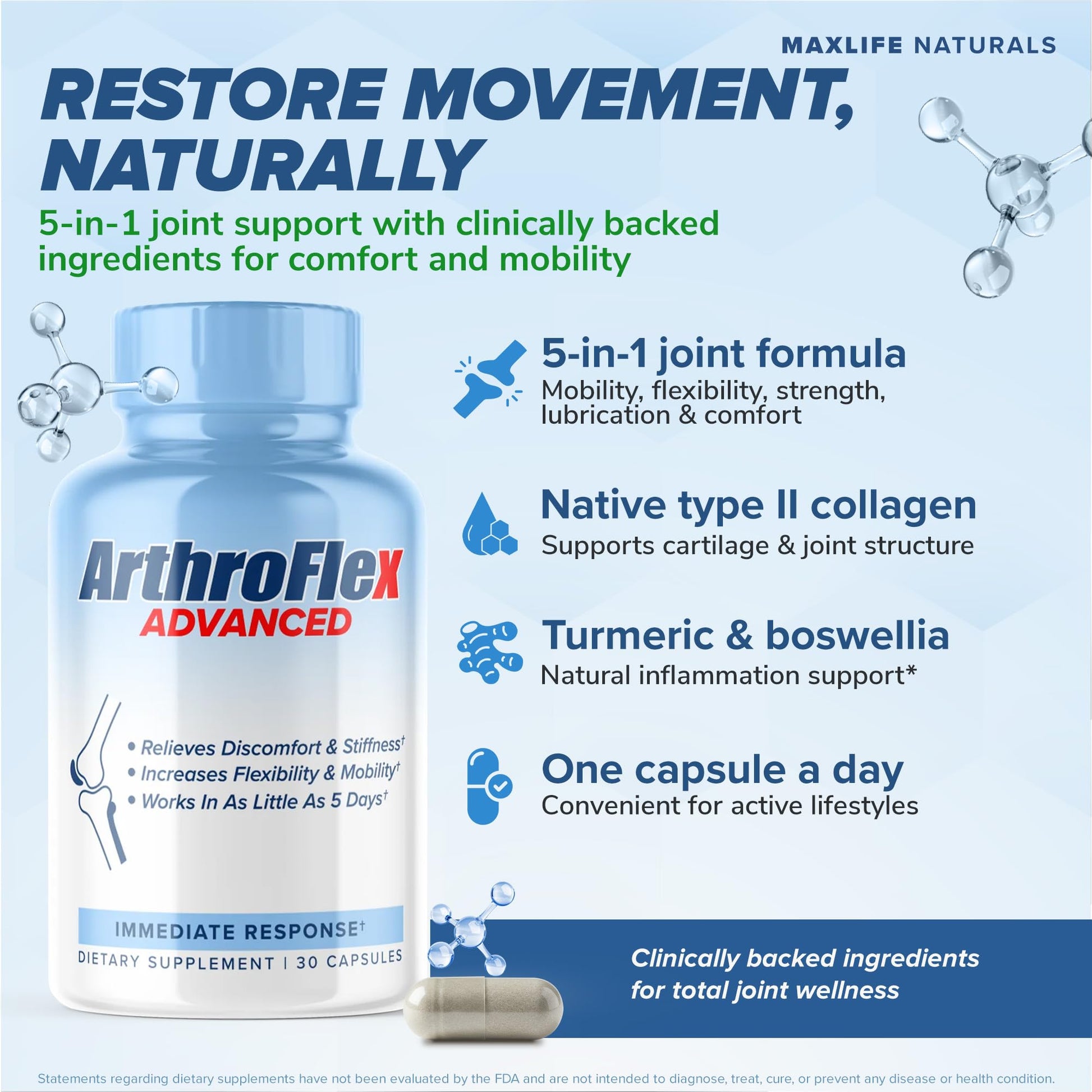 MAXLIFE NATURALS ArthroFlex Advanced Joint Health Supplement – 30 Capsules - Vital Joint Supplements for Women and Men, Type II Collagen Cartilage Supplement, Made in USA Health Care Supplements MAXLIFE NATURALSBuy Supplements Australia