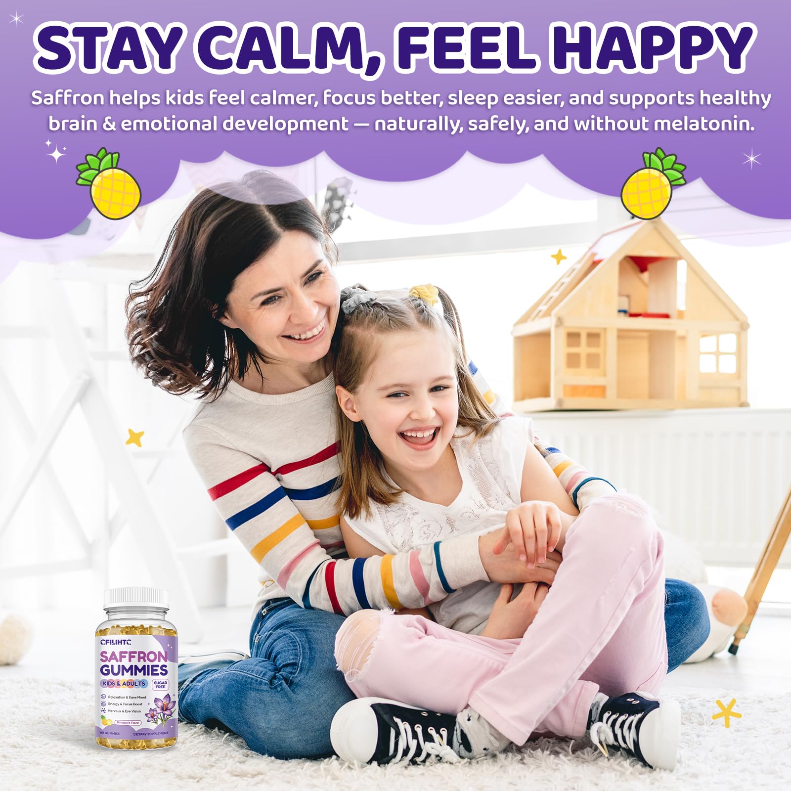 Saffron Gummies for Kids & Adults, 20-in-1 Saffron Supplements with 88.5mg Saffron Extract, B6, B12, C, D3, Magnesium for Calm, Focus, Nerve, Sugar Free, Vegan, Non-GMO - Pineapple Flavor, 60 Counts CFILIHTCBuy Supplements Australia