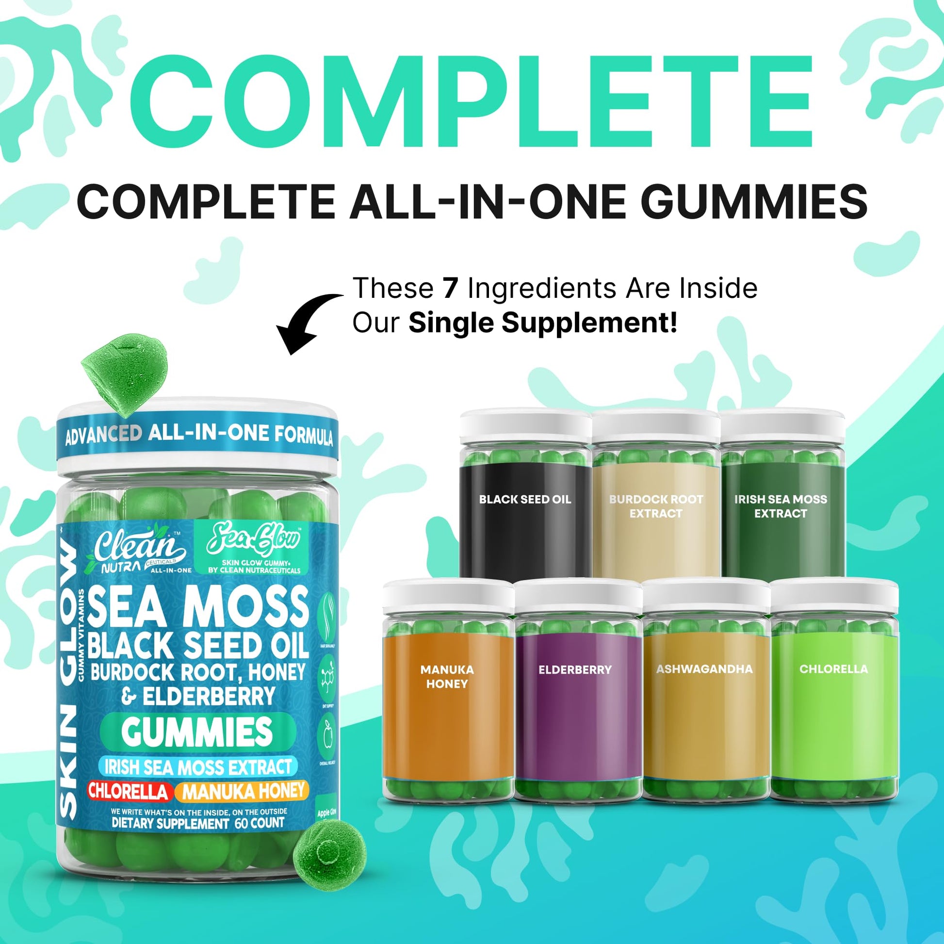 Clean Nutra Sea Moss Gummies Black Seed Oil Chlorella Ashwagandha Root Hair Growth Skin Glow Irish Sea Moss Elderberry Burdock Manuka Honey Trace Minerals Detox 60 Gummy Vitamins Sea Glow Supplement Clean NutraceuticalsBuy Supplements Australia