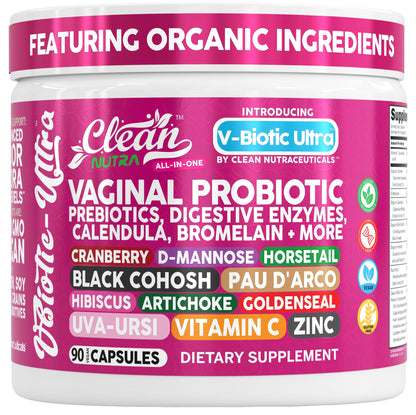 Clean Nutra Vaginal Probiotics for Women + Prebiotics Digestive Enzymes Bromelain Cranberry D Mannose Horsetail Black Cohosh Artichoke Hibiscus Flowers Probiotic for Digestive Health 90 Vegan Capsules Clean NutraceuticalsBuy Supplements Australia