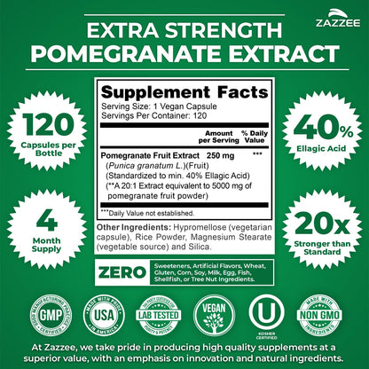 Zazzee Extra Strength Pomegranate 20:1 Extract, 40% Ellagic Acid, 120 Vegan Capsules, 4 Month Supply, Punica Granatum, Antioxidant & Cellular Health Support, Non-GMO, Made in the USA ZazzeeBuy Supplements Australia