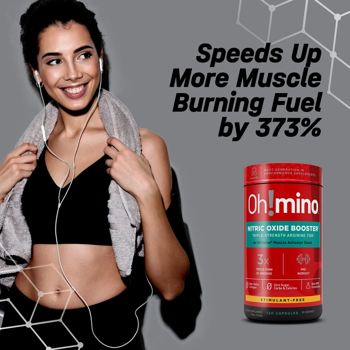 Oh!mino Nitric Oxide Supplement Activator Booster, Triple Strength L-Arginine for Energy, Endurance, Muscle Growth Builder, Pre Post Workout Pills - Natural Beet Root Powder, 30 Servings 120 Capsules