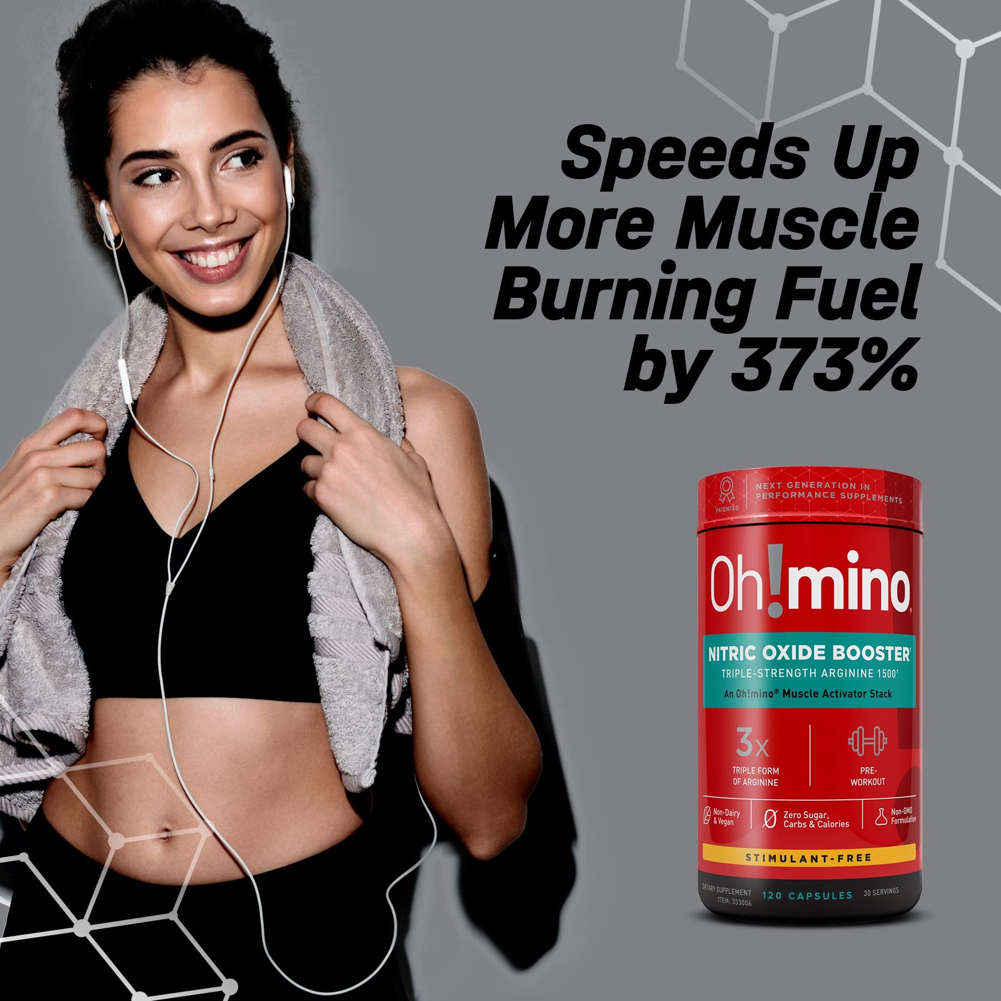 Oh!mino Nitric Oxide Supplement Activator Booster, Triple Strength L-Arginine for Energy, Endurance, Muscle Growth Builder, Pre Post Workout Pills - Natural Beet Root Powder, 30 Servings 120 Capsules
