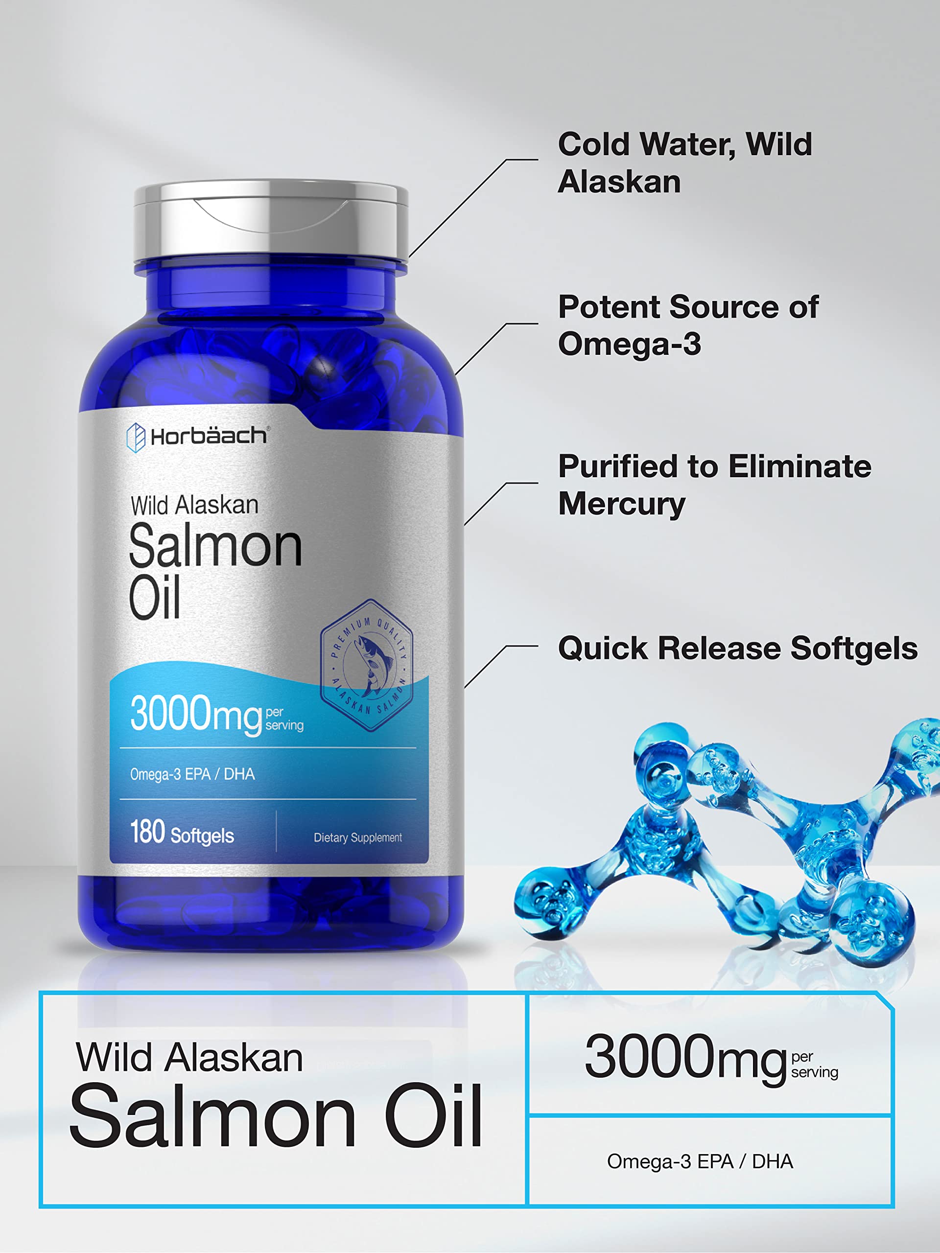 Wild Alaskan Salmon Fish Oil | 180 Softgel Capsules | Gluten Free, Non-GMO | High Potency HorbäachBuy Supplements Australia