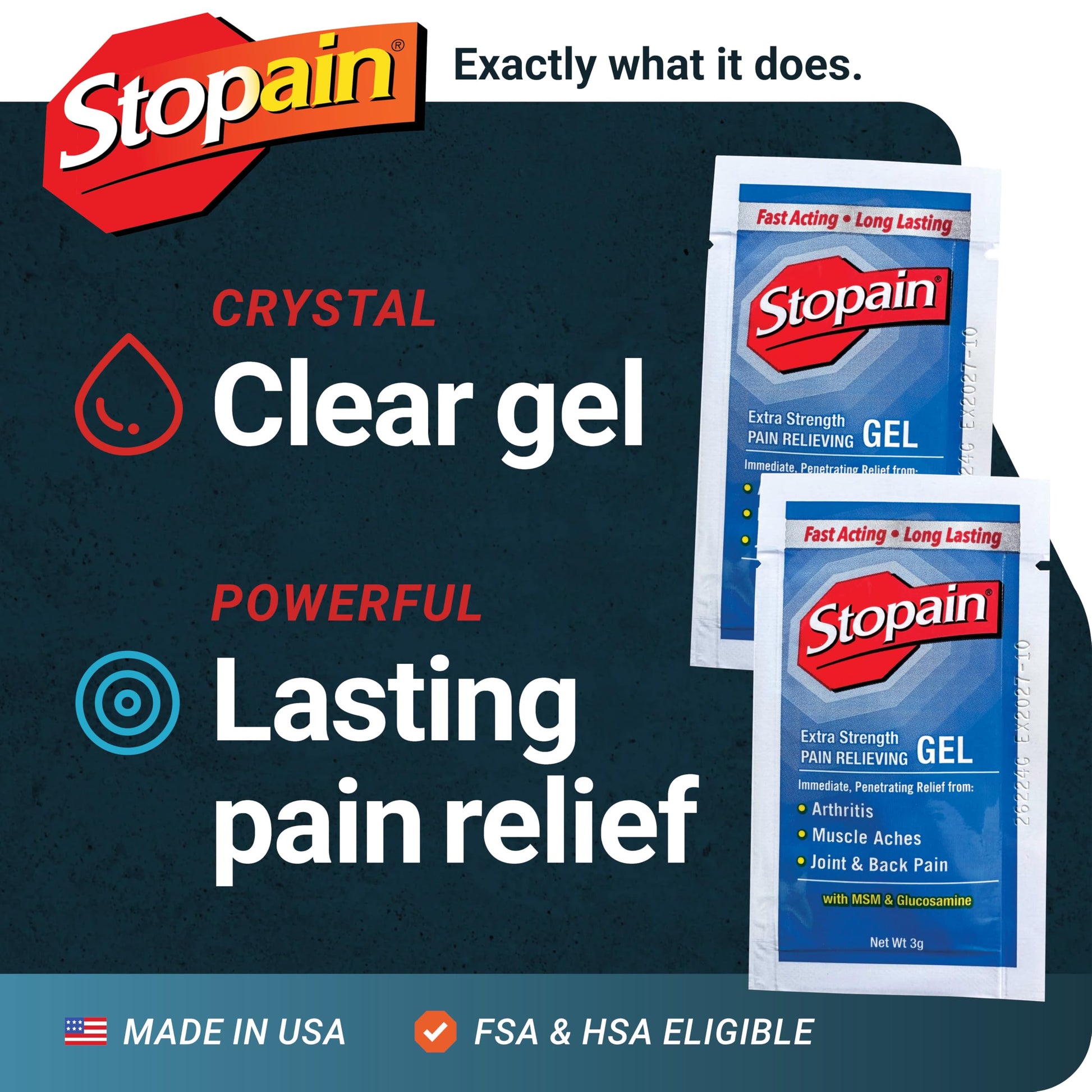 Stopain Pain Relief 3g Gel Packets, 100ct, 8% Menthol, Topical Pain Relief, Knee Pain Relief, Back Pain Relief, and Arthritis Pain Relief, Perfect for Workplace First Aid Cabinets, Made in USA StopainBuy Supplements Australia