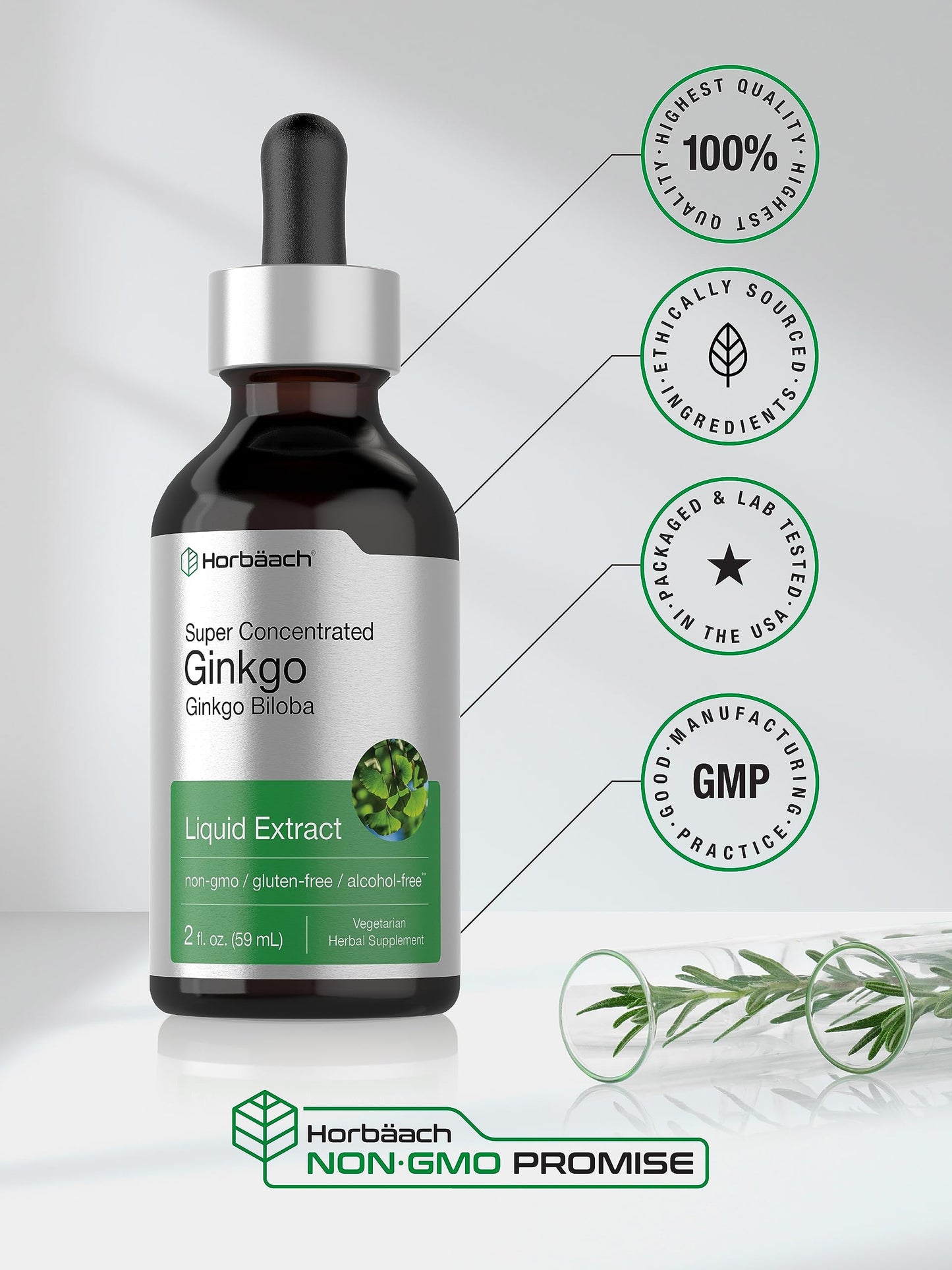 Ginkgo Biloba Extract Liquid 2 fl oz | Alcohol-Free Herb Supplement | Vegetarian HorbäachBuy Supplements Australia
