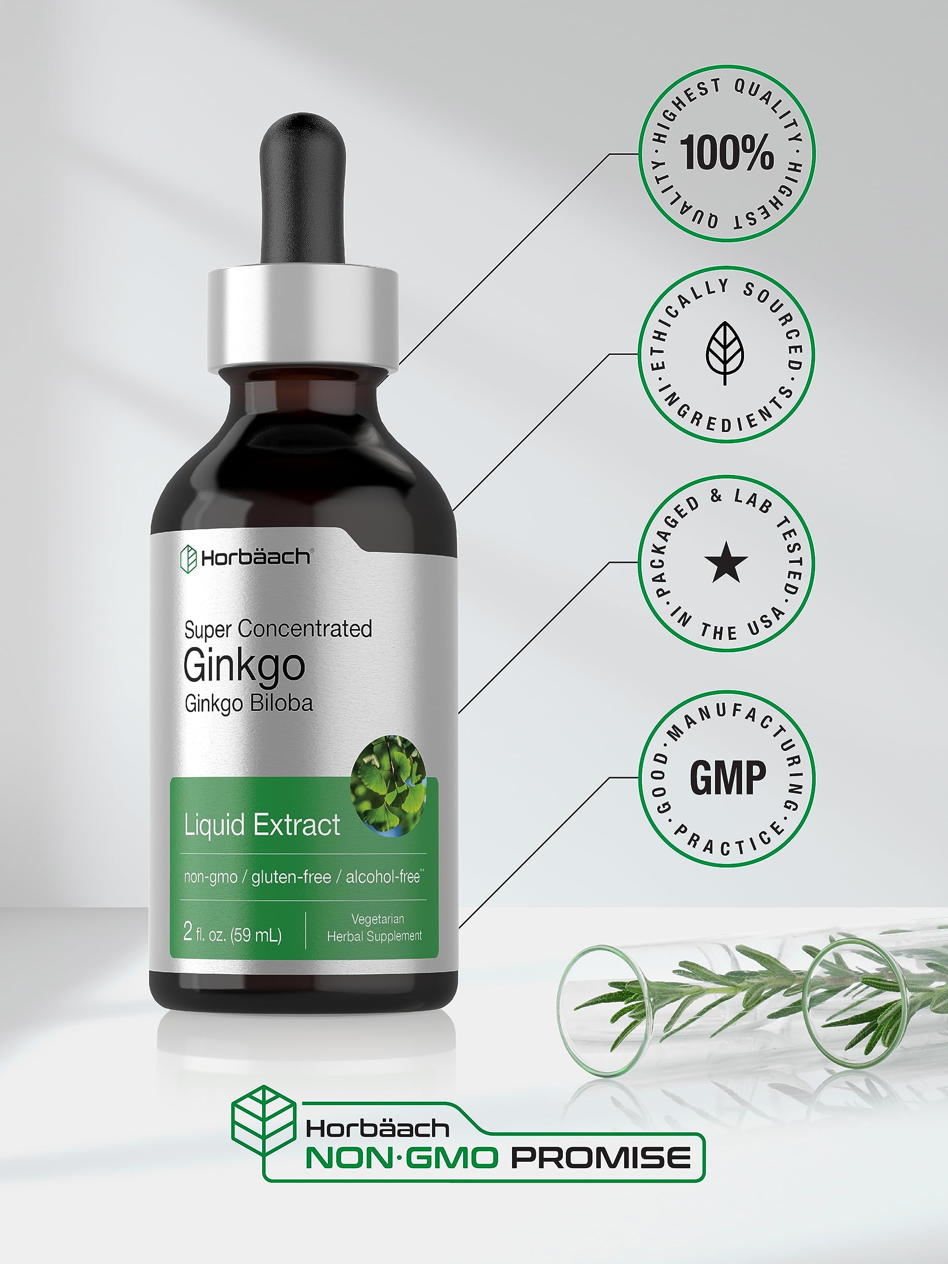 Ginkgo Biloba Extract Liquid 2 fl oz | Alcohol-Free Herb Supplement | Vegetarian HorbäachBuy Supplements Australia