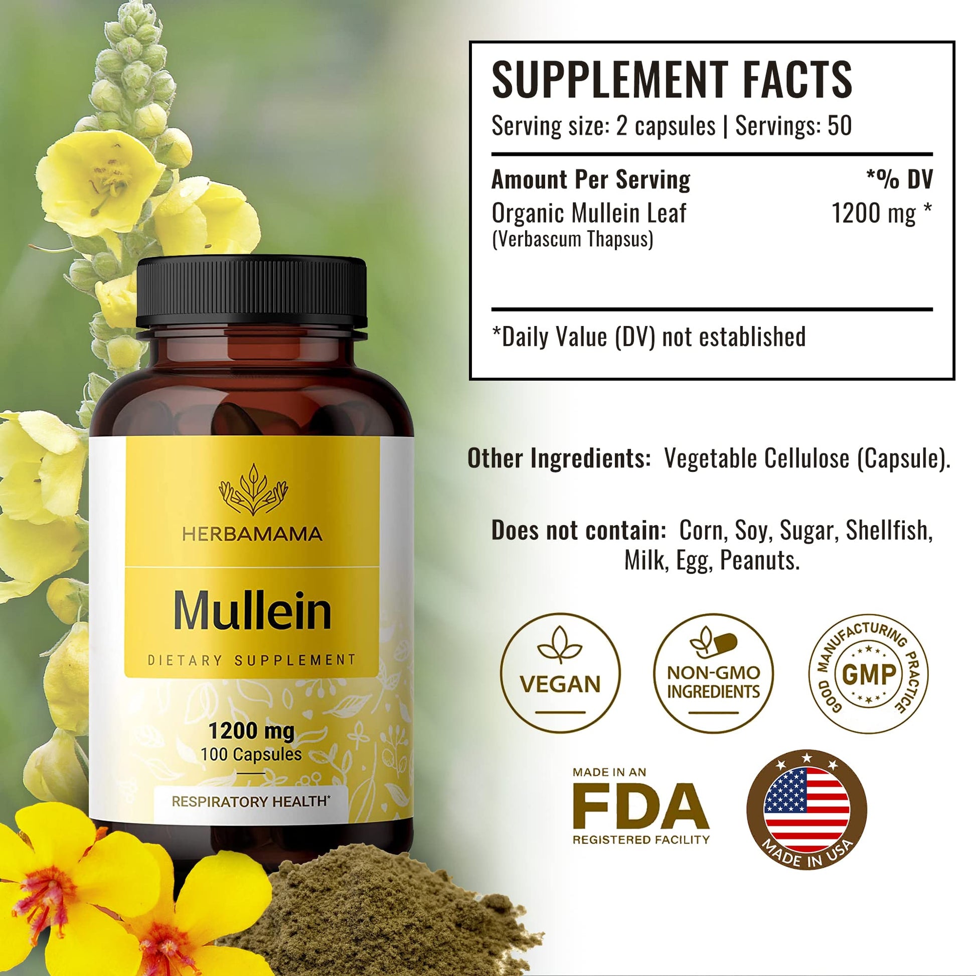 HERBAMAMA Mullein Leaf Capsules Respiratory Health - Organic Mullein Leaf Extract HERBAMAMABuy Supplements Australia
