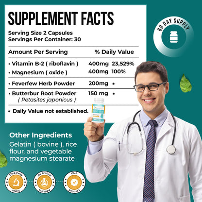 Nature's Nectar Migraine Prevention Feverfew Capsules – PA Free Butterbur Root, Riboflavin 400 mg, Magnesium & Feverfew – Natural Migraine Supplement – 60 Capsules Nature's NectarBuy Supplements Australia